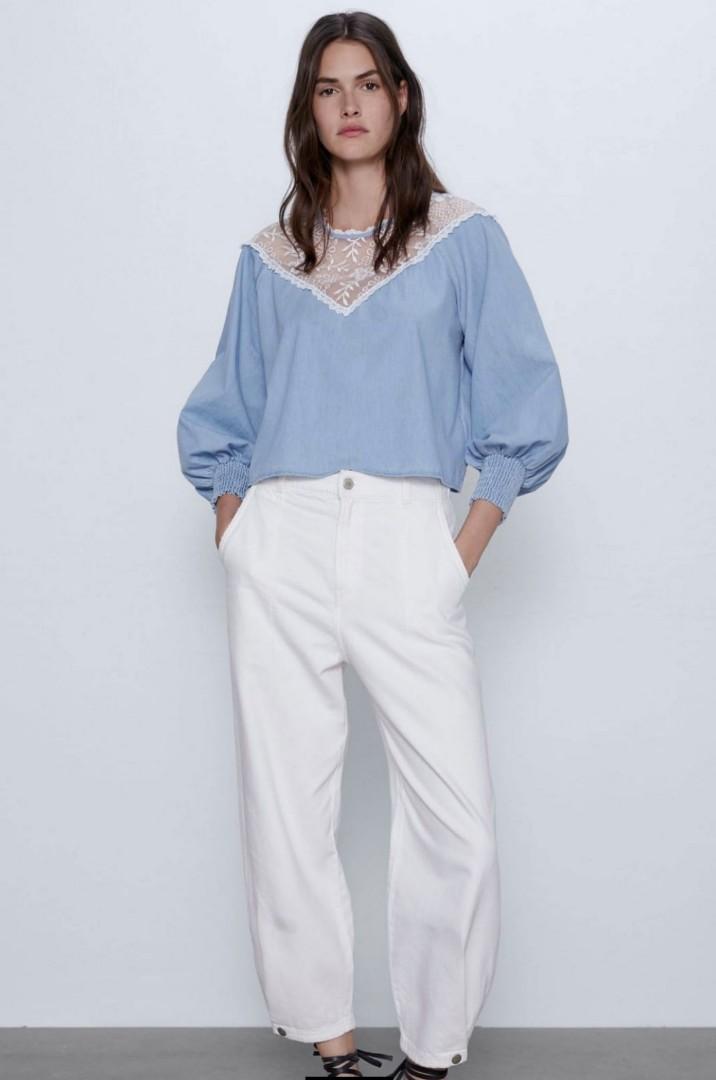 Zara denim lace embroidered puff blouse, Fesyen Wanita, Pakaian