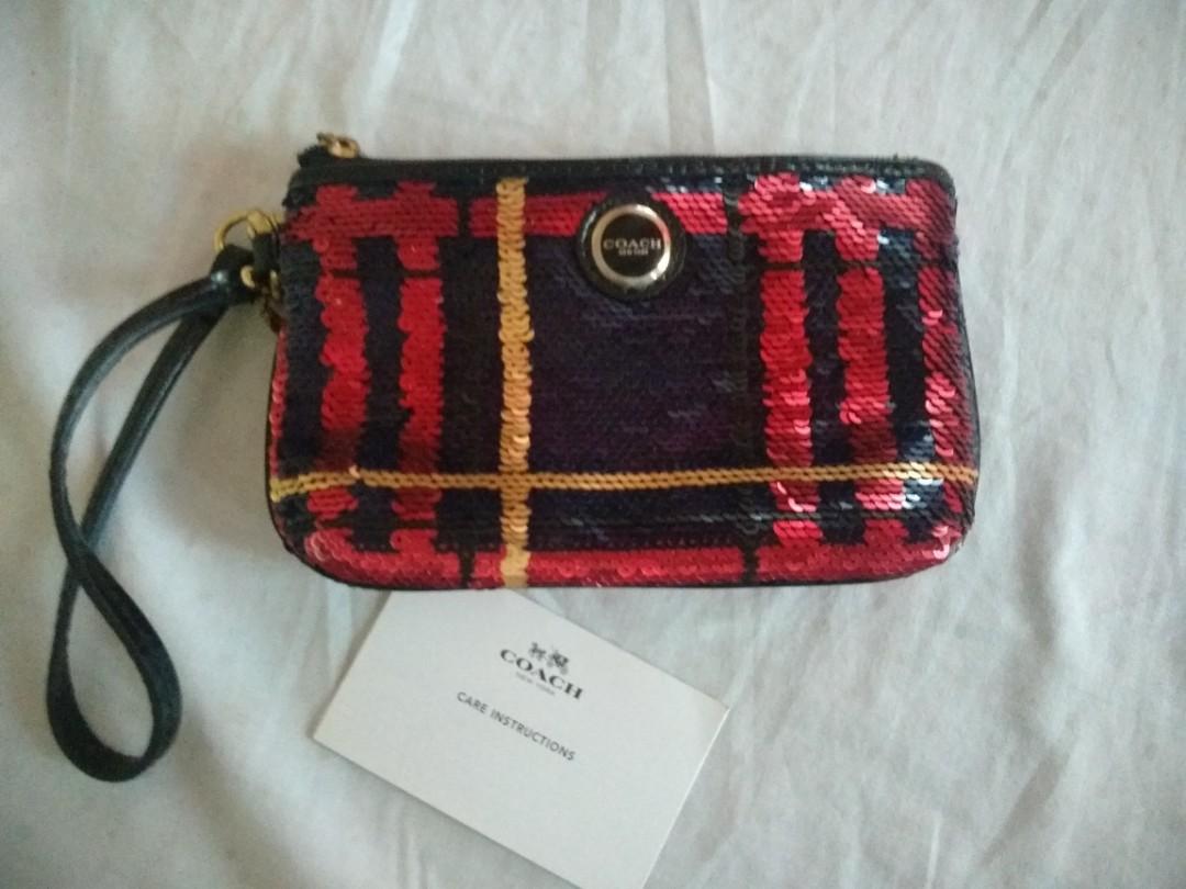 Repriced AUTH Coach poppy tartan sequin small wristlet