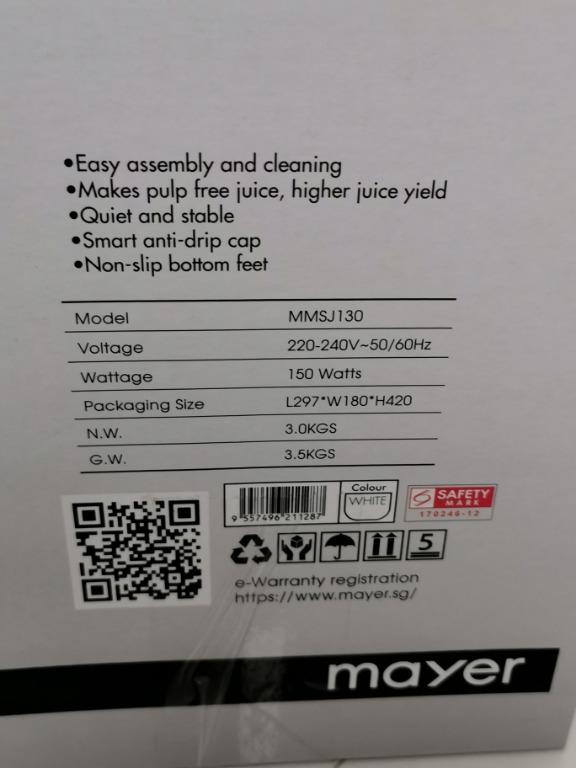 BNIB*** Mayer Slow Juicer MMSJ130 White, TV & Home Appliances, Kitchen