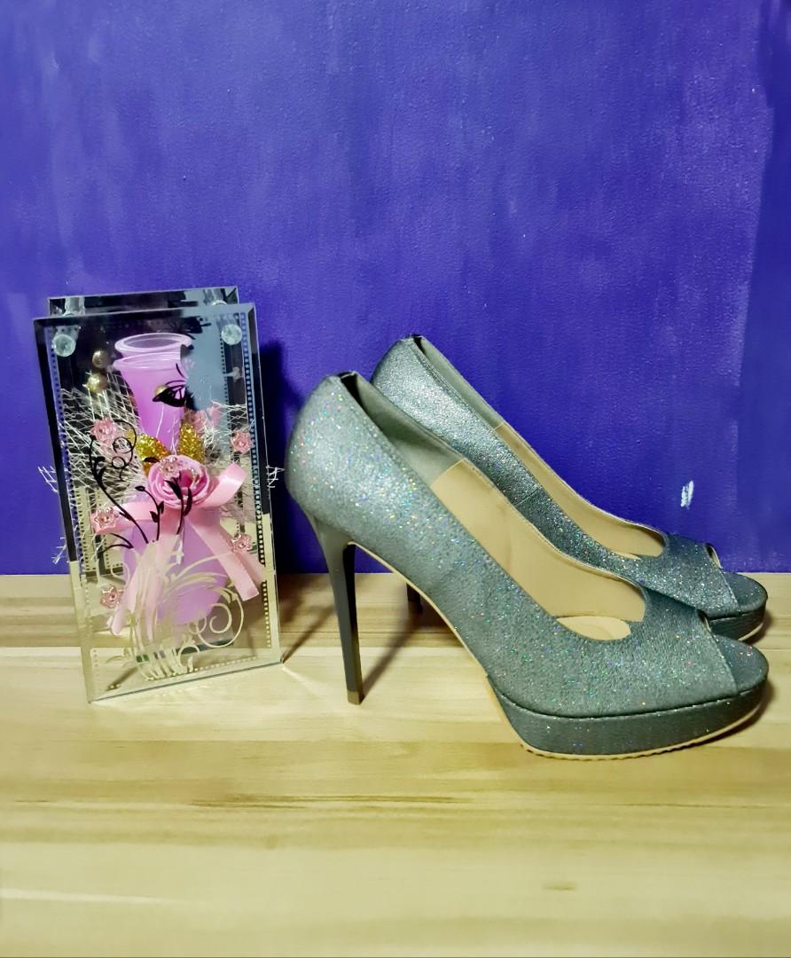 silver flower heels