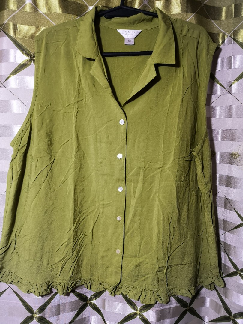 Plus Size Olive Green Sleeveless Collar Shirt 2xl Women S Fashion Clothes Tops On Carousell