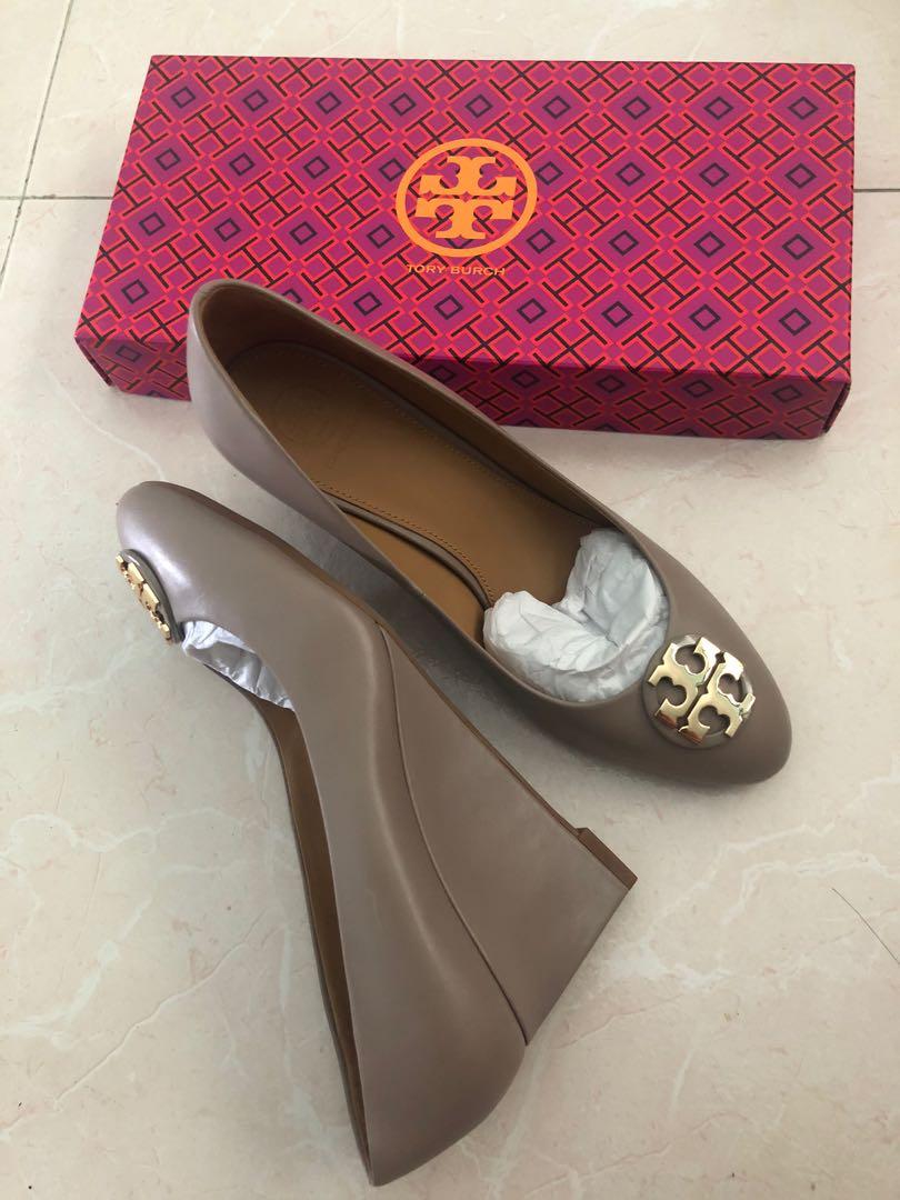 Brand New Authentic Tory Burch Claire 65mm closed toe wedge calf leather in  French Gray, Women's Fashion, Footwear, Heels on Carousell