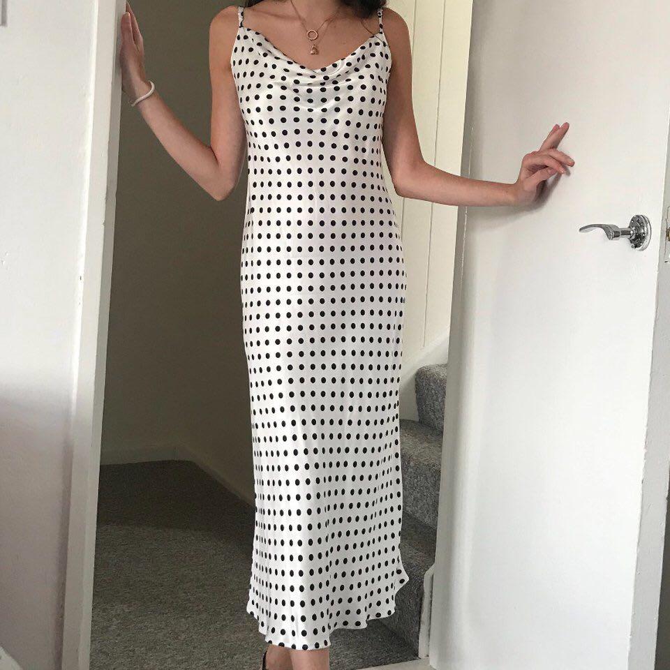 black polka dot cowl neck cami slip midi dress