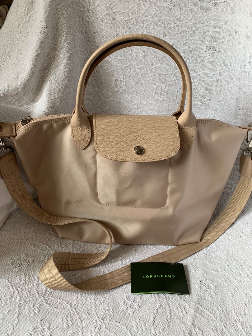 Authentic Longchamp Le Pliage Neo Medium Nylon Top Handle Bag in Beige with Strap