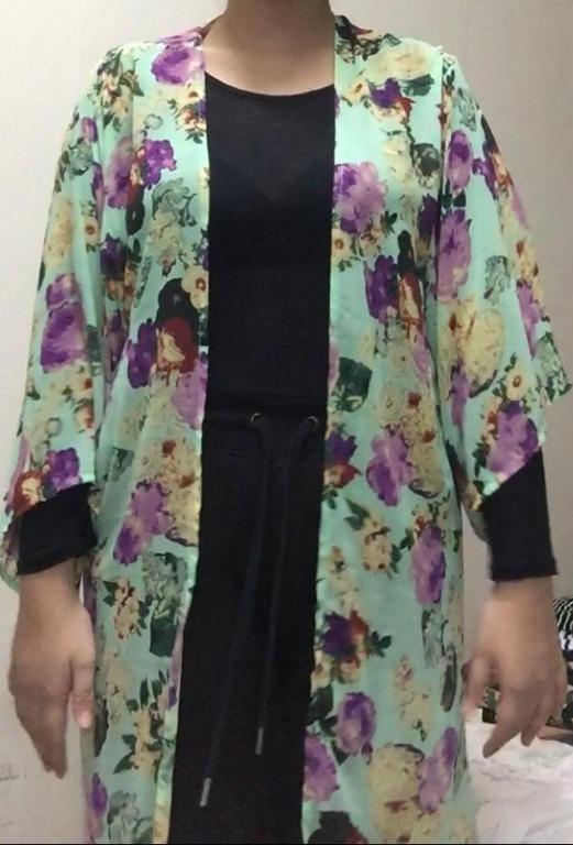 sheer black floral kimono