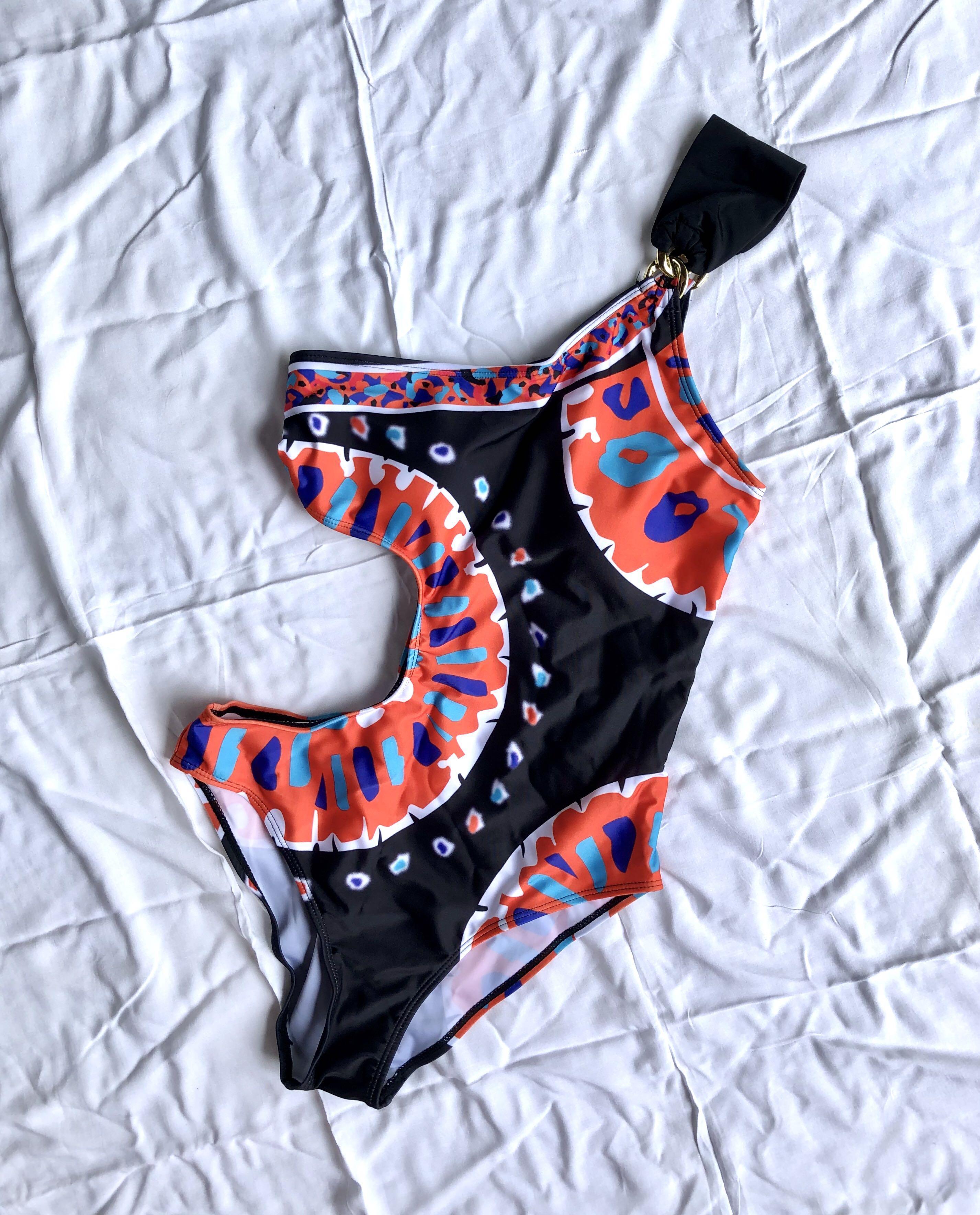 Lazada Black Orange One Shoulder One Piece Swimsuit Women s Fashion Swimwear Bikinis Swimsuits on Carousell