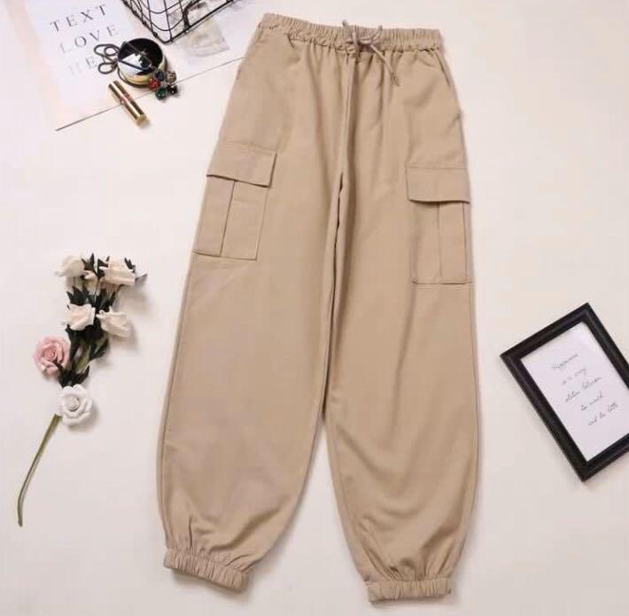 khaki drawstring cargo joggers womens