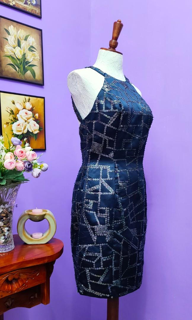 NITELINE Della Roufogali Navy Caged Back Sequined 90 s Mini Dress Women s Fashion Dresses Sets Dresses on Carousell
