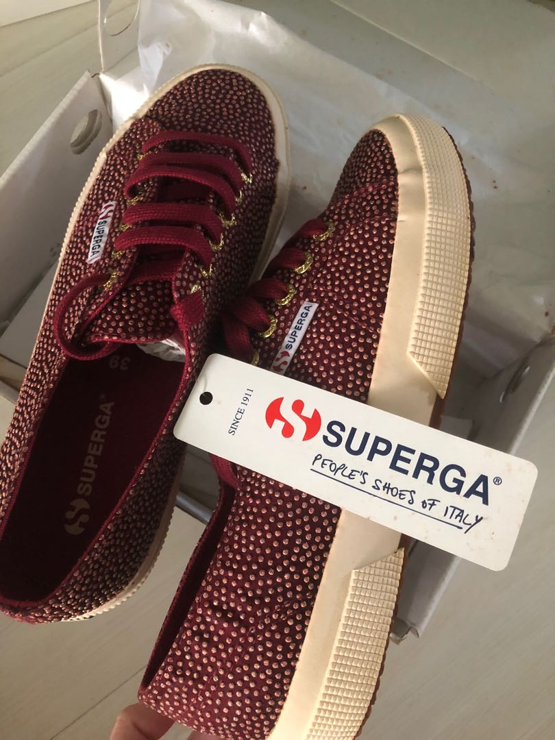 burgundy and gold sneakers