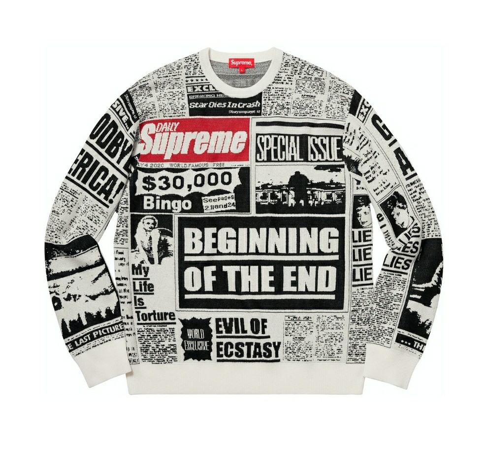 Supreme Newsprint Sweater, Men's Fashion, Tops u0026 Sets, Hoodies on Carousell