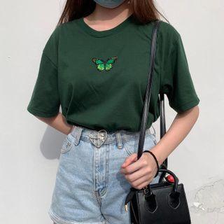 green butterfly patch graphic shirt