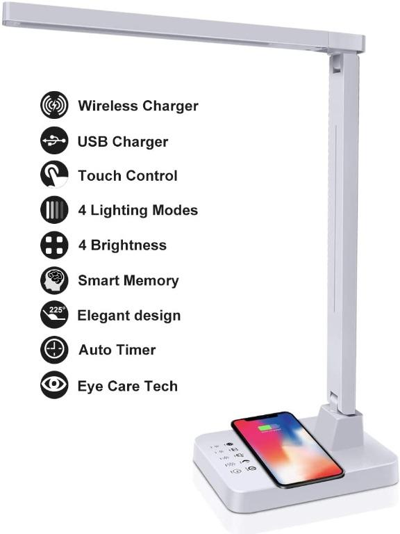 LED Desk Lamp MEIKEE Flexible Desk Lamp with Wireless Charging Office Desk Lamp White 4 Lighting Modes with 4 Brightness Levels 5V 1A USB Charging