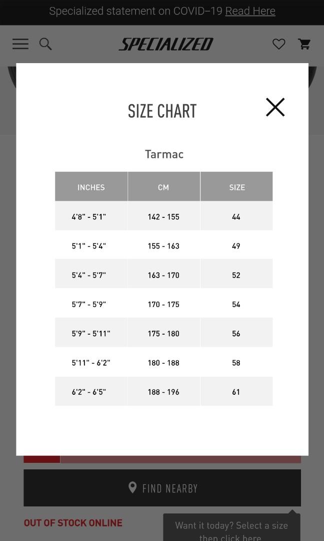 Specialized tarmac size sales chart