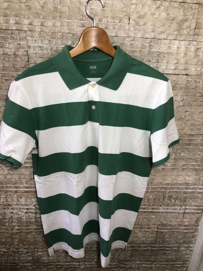 Green and white striped polo shirt top