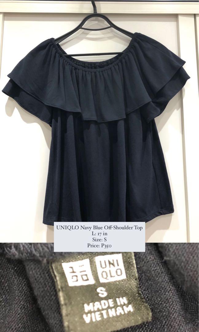UNIQLO Navy Blue Off-Shoulder Top (Category: Sleeveless) located in San Juan City. Submitted by katkatsedit (Listing ID 1028953879, Image 1). Description: L: 17 in BARELY USED.