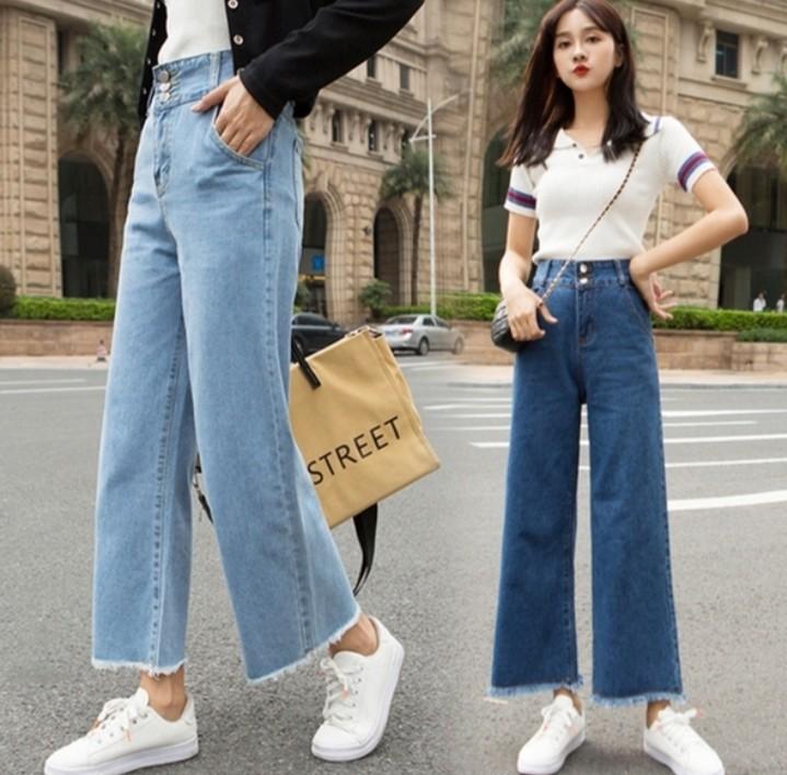 Buy XiuG Summer Women's Korean Version Loose Tassels Wide Leg Straight Nine  Points Jeans Slim Fit (Color : LightBlue, Size : XXL) at