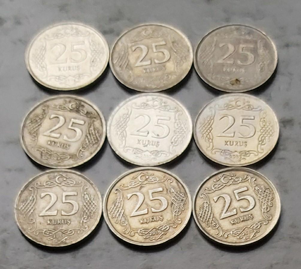 土耳其0.25里拉硬幣共9枚（品相實物如圖）, 興趣及遊戲, 玩具& 遊戲類- Carousell