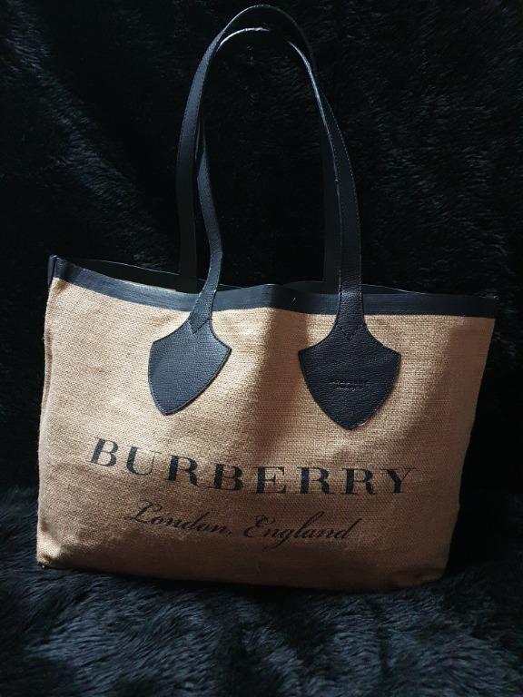 BURBERRY JUTE GIANT LOGO PRINTED MEDIUM SHOULDER TOTE BAG BLACK