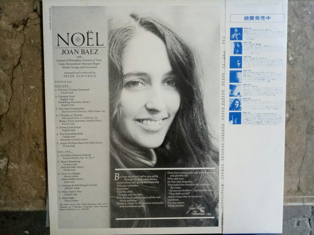 Joan Baez LP Vinyl Plaka Turntable (Category: Vinyls) located in Manila. Submitted by kinganalog (Listing ID 1029283947, Image 2). Description: Joan Baez LP Vinyl Noel album, cover VG+ with OBI strip, media EX condition, made in Japan. Shipping nationwide, payment via Unionbank or Palawan. COD is okay at buyer's account. Check out fb page Roots Analog..