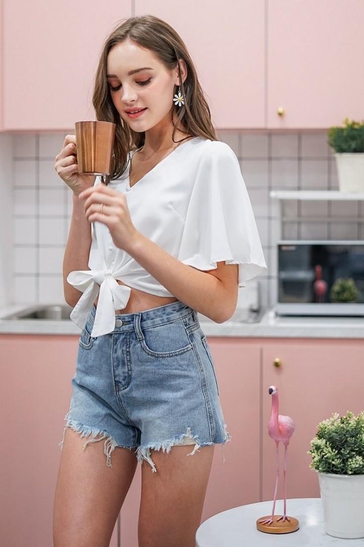 Lovet Slayer Double Button High Waist Denim Ripped Shorts, Women's