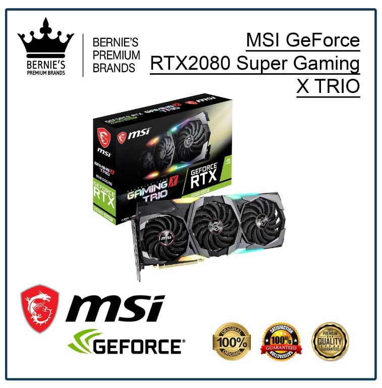 MSI GeForce RTX2080 Super Gaming X TRIO (Category: Computer Parts) located in Pasay City. Submitted by premiumbrands (Listing ID 1029358112, Image 1). Description: 100% Certified Original/Genuine product. Everything is brand new, and factory sealed. Available, and ready for FREE delivery via LBC Hong Kong (3-7 days). Check out our FACEBOOK pages: Bernie's Premium Brands - Gadgets Bernie's Premium Brands – Women.