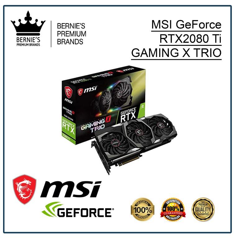 MSI GeForce RTX2080 Ti GAMING X TRIO (Category: Computer Parts) located in Pasay City. Submitted by premiumbrands (Listing ID 1029358299, Image 1). Description: 100% Certified Original/Genuine product. Everything is brand new, and factory sealed. Available, and ready for FREE delivery via LBC Hong Kong (3-7 days). Check out our FACEBOOK pages: Bernie's Premium Brands - Gadgets Bernie's Premium Brands – Women.