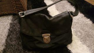 PRADA Black Leather Flap Top Tessuto Hobo Bag