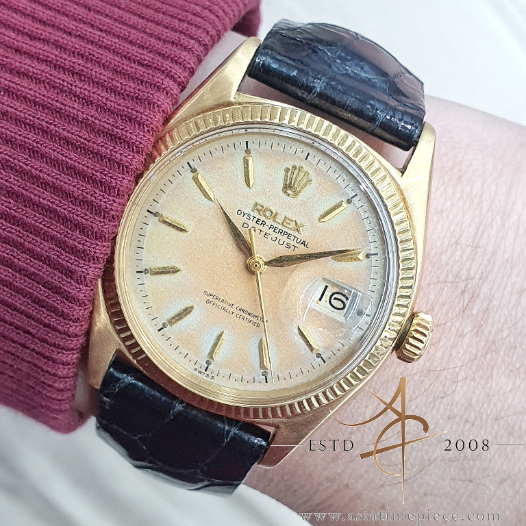 Rare Rolex Datejust Ref 6605 Tropical Salmon Dial 18K Gold