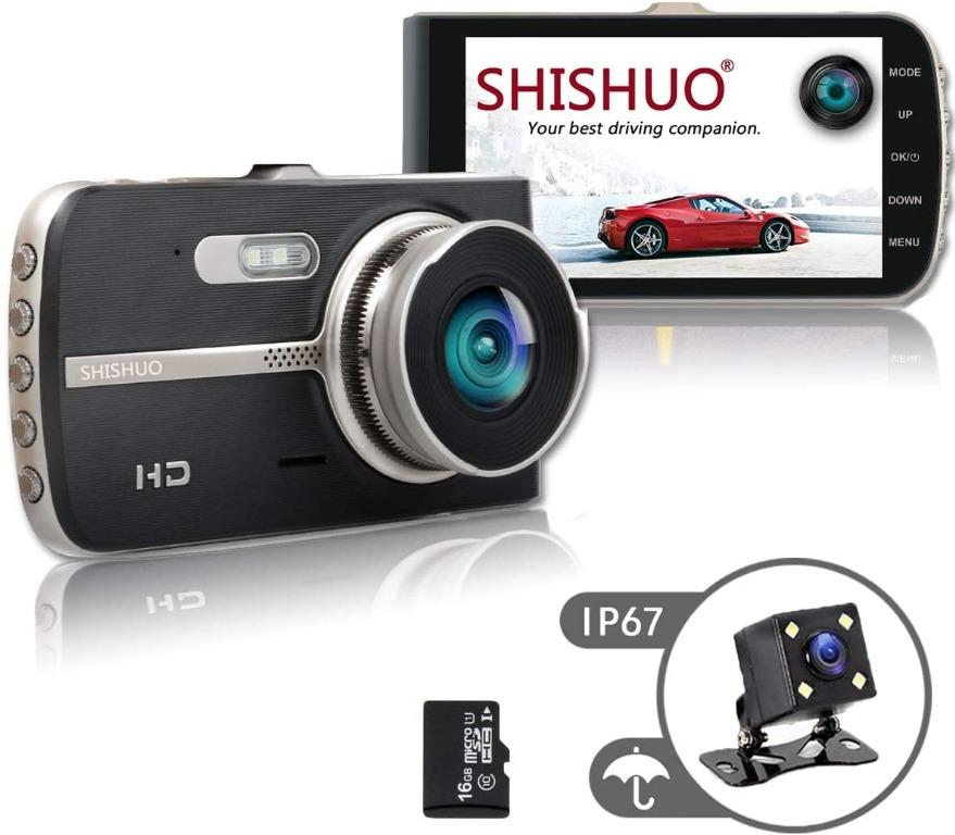 Motion Detection 4 Inch Big Screen 1080P HD IPS Display Vehicle Driving Recording Cameras with 16GB Micro SD Card Parking Monitoring SHISHUO Dash Cam Front and Rear Built In G-Sensor 