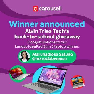 Alvin Tries Tech Giveaway Grand Winner: Lenovo IdeaPad Slim 3 Laptop