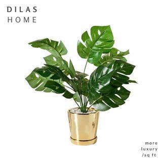 DILAS HOME | Artificial Fake Realistic Monstera Leaf Plant with Gold Porcelain Pot and Tray