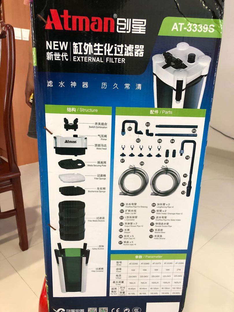 External filter (Category: Homes & Other Pet Accessories) located in Singapore. Submitted by alonsox (Listing ID 1029452691, Image 2). Description: Brand new Atman external filter AT-3339S. For capacity 200-600L tank .