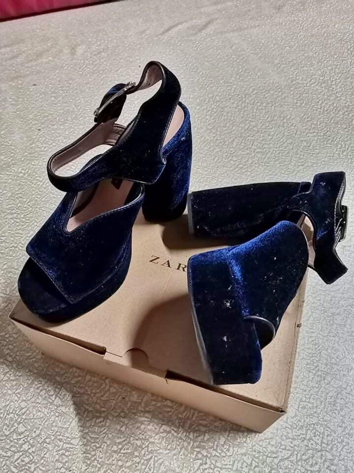 zara blue velvet heels
