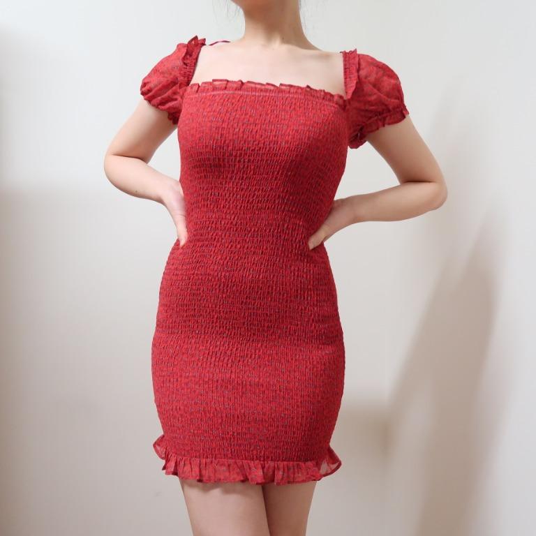 Red Shirred Bodycon Mini Dress, Women's ...