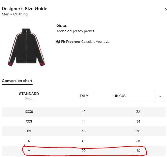 Gucci suit size chart Clearance