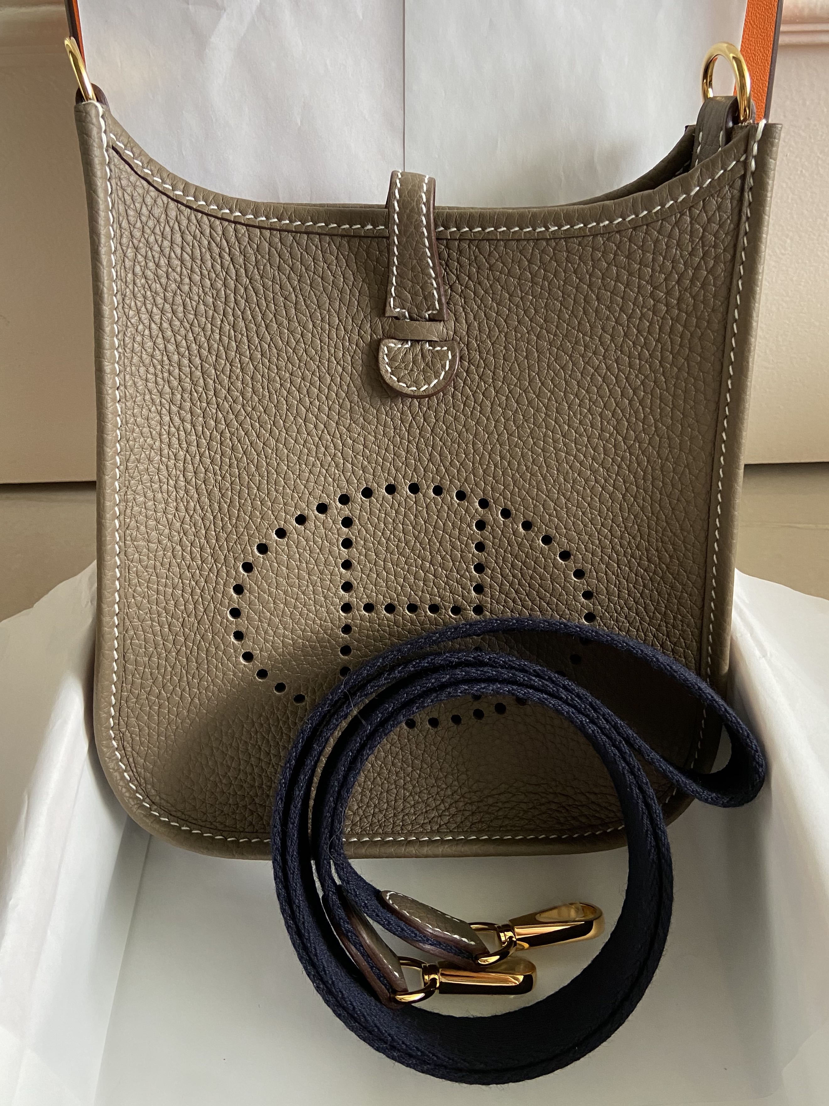 HERMES EVELYN MINI TPM GOLD WITH GOLD HARDWARE AND SPECIAL STRAP! EXTREMELY  RARE