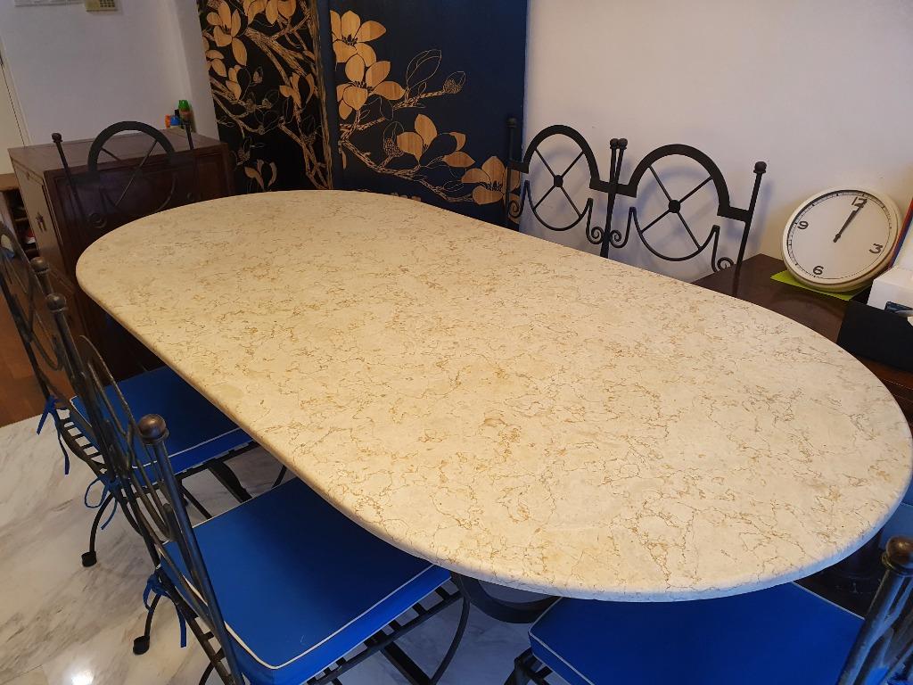 Italian Marble Table 6 chairs with blue seat covers, Furniture & Home
