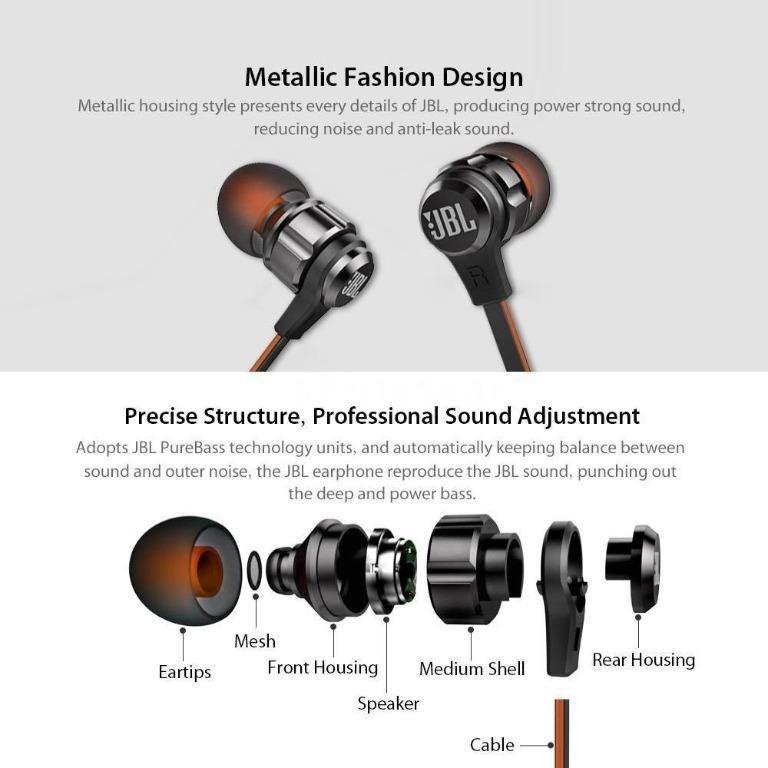 JBL T180A In ear Headphones JBL PureBass Sound Earphones Wired Line control 3.5mm Jack Earpieces Portable Headset