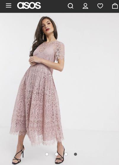 Elegant ASOS DESIGN lace midi dress with ribbon tie and open back in soft gold Women s Fashion Tops Sleeveless on Carousell