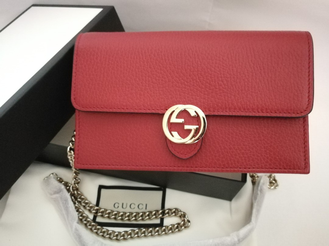 Authentic Gucci Interlocking G Wallet On Chain Cluth Bag Red