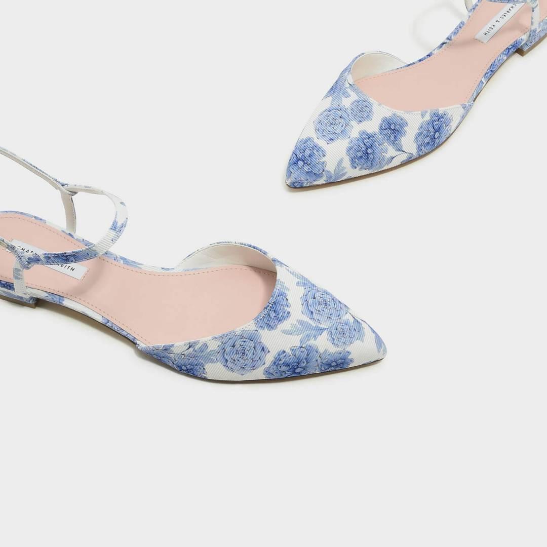 Blue Floral Ankle Strap Pointed Sandals 