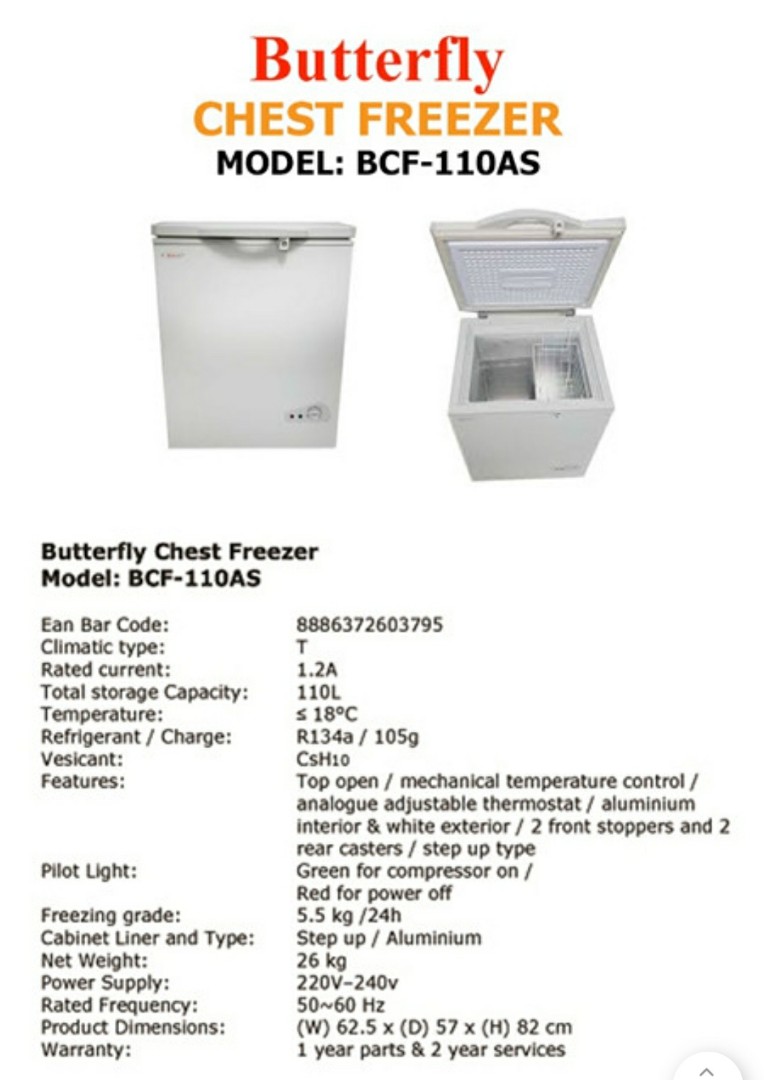 Butterfly Chest Freezer 110L, Home Appliances, Kitchenware on Carousell