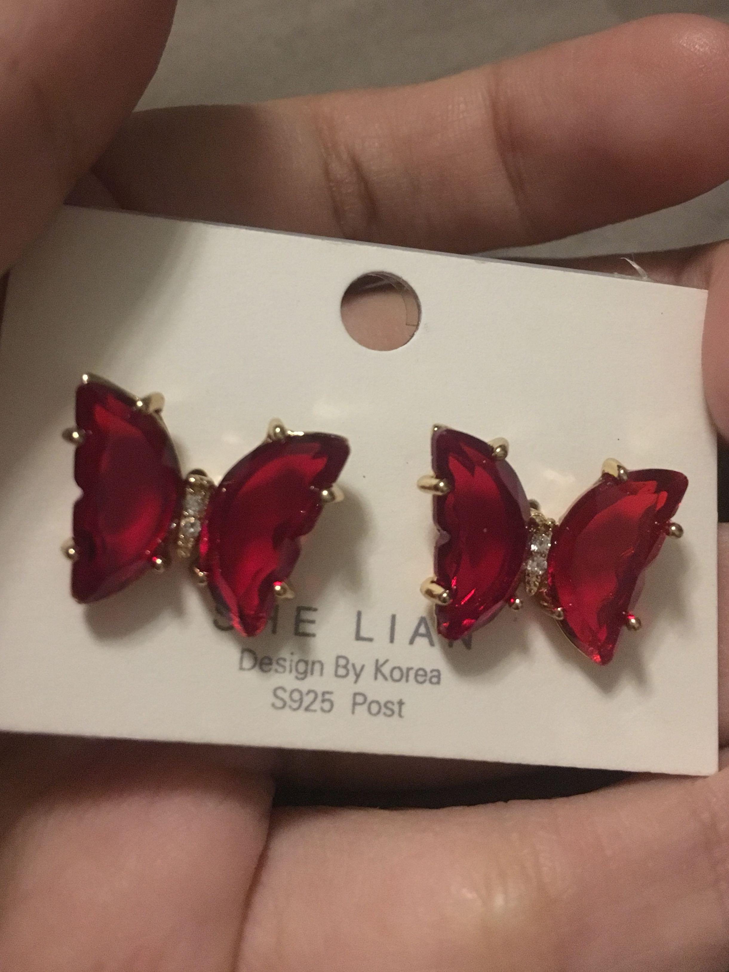 Crystal clear earstud red butterfly