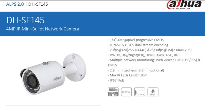 Dalhua DH-SF145 4MP IR Mini-Bullet Network Camera (Category: Security Systems & CCTV Cameras) located in Manila. Submitted by nito8 (Listing ID 1025402858, Image 2). Description: Dalhua DH-SF145 4MP IR Mini-Bullet Network Camera 1/3” 4Megapixel progressive CMOS · H.265+ & H.265 dual-stream encoding · 20fps@4M(2560×1440) &25/30fps@3M(2304×1296) · DWDR, Day/Night(ICR), 3DNR, AWB, AGC, BLC · Multiple network monitoring: Web viewer, CMS(DSS/PSS) & DM