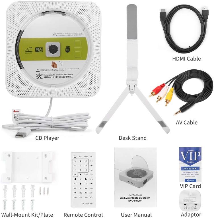 HHLYQ Portable DVD/CD Player, Wall Mountable Bluetooth CD DVD Player