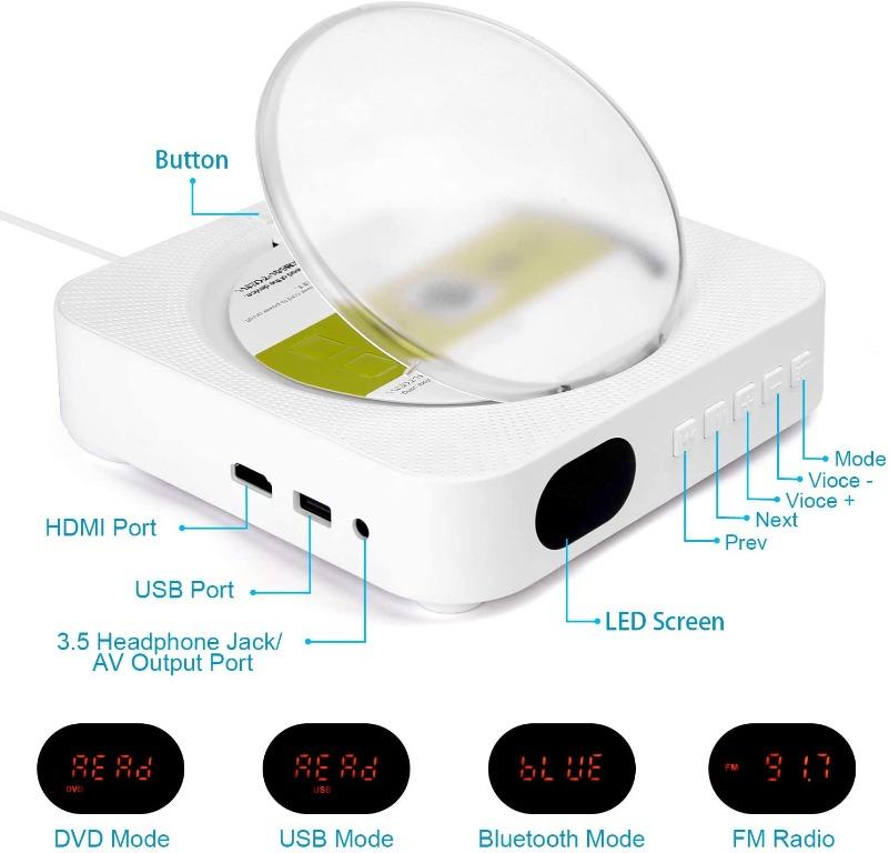HHLYQ Portable DVD/CD Player, Wall Mountable Bluetooth CD DVD Player