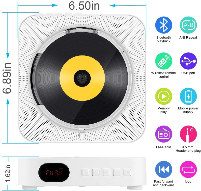 HHLYQ Portable DVD/CD Player, Wall Mountable Bluetooth CD DVD Player
