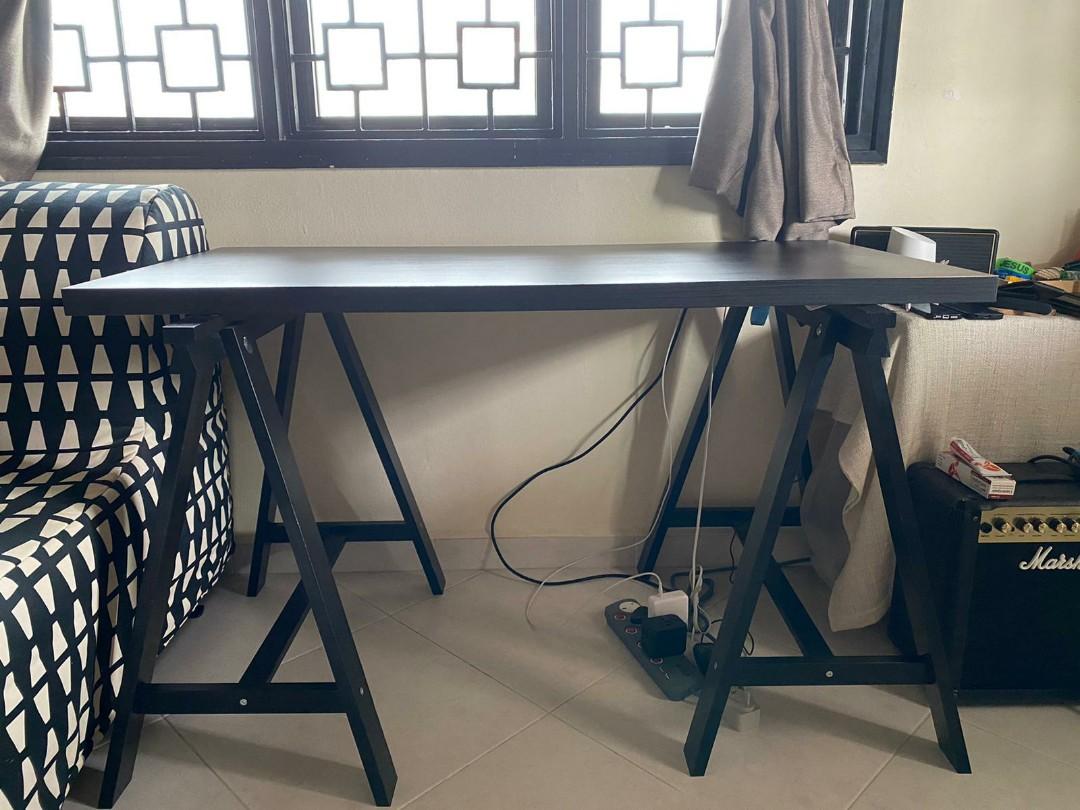 Ikea study table black with legs / trestle, Furniture & Home Living