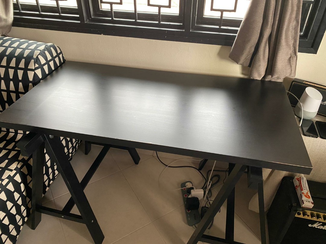 Ikea study table black with legs / trestle, Furniture & Home Living