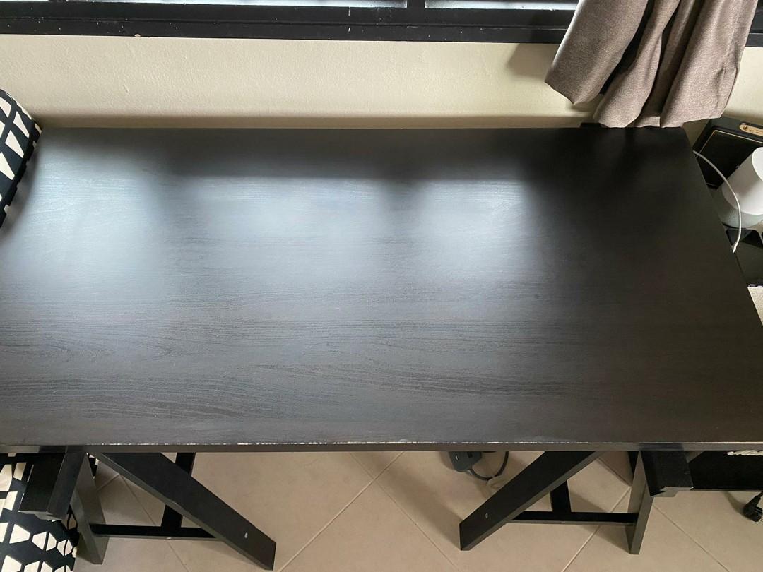 Ikea study table black with legs / trestle, Furniture & Home Living